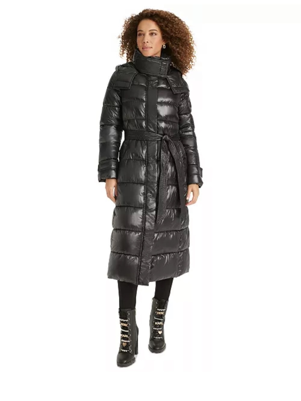 Karl Lagerfeld Long Black Belted Quilted Puffer Coat
